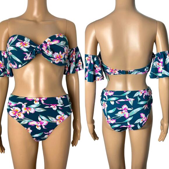 Envya Other - New Boutique Floral Print Emerald Green Off Shoulder Bikini Set